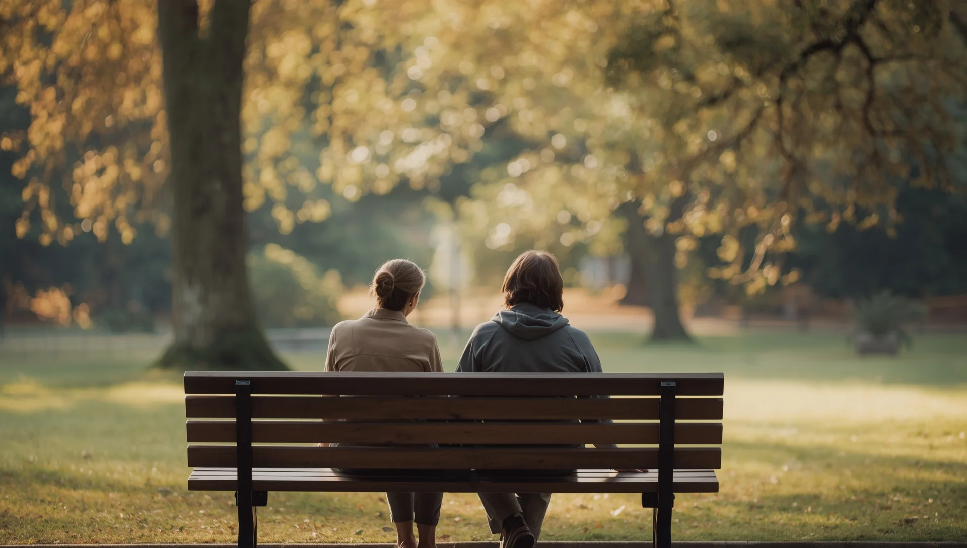 Two people having a warm, supportive conversation on a park bench
