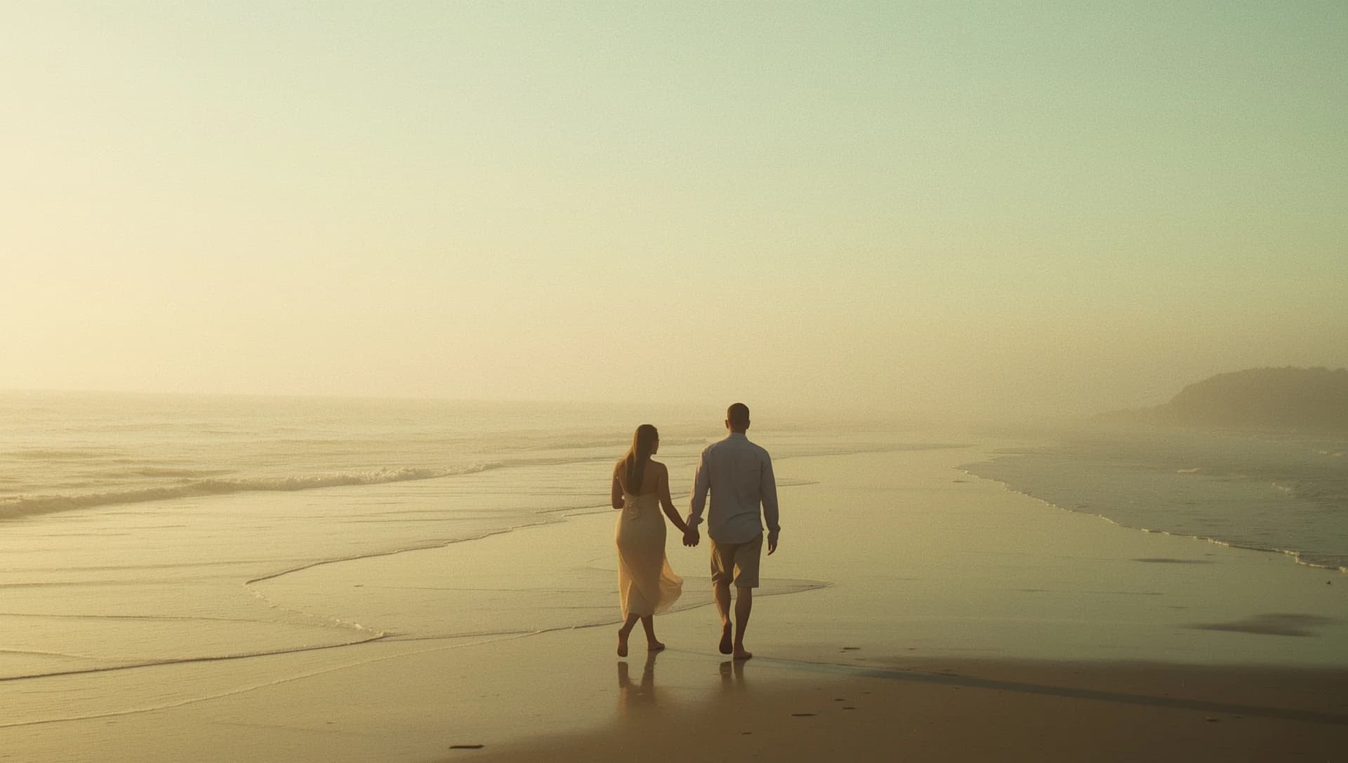 Couple walking along a quiet shoreline together at sunset, taking a hopeful step forward