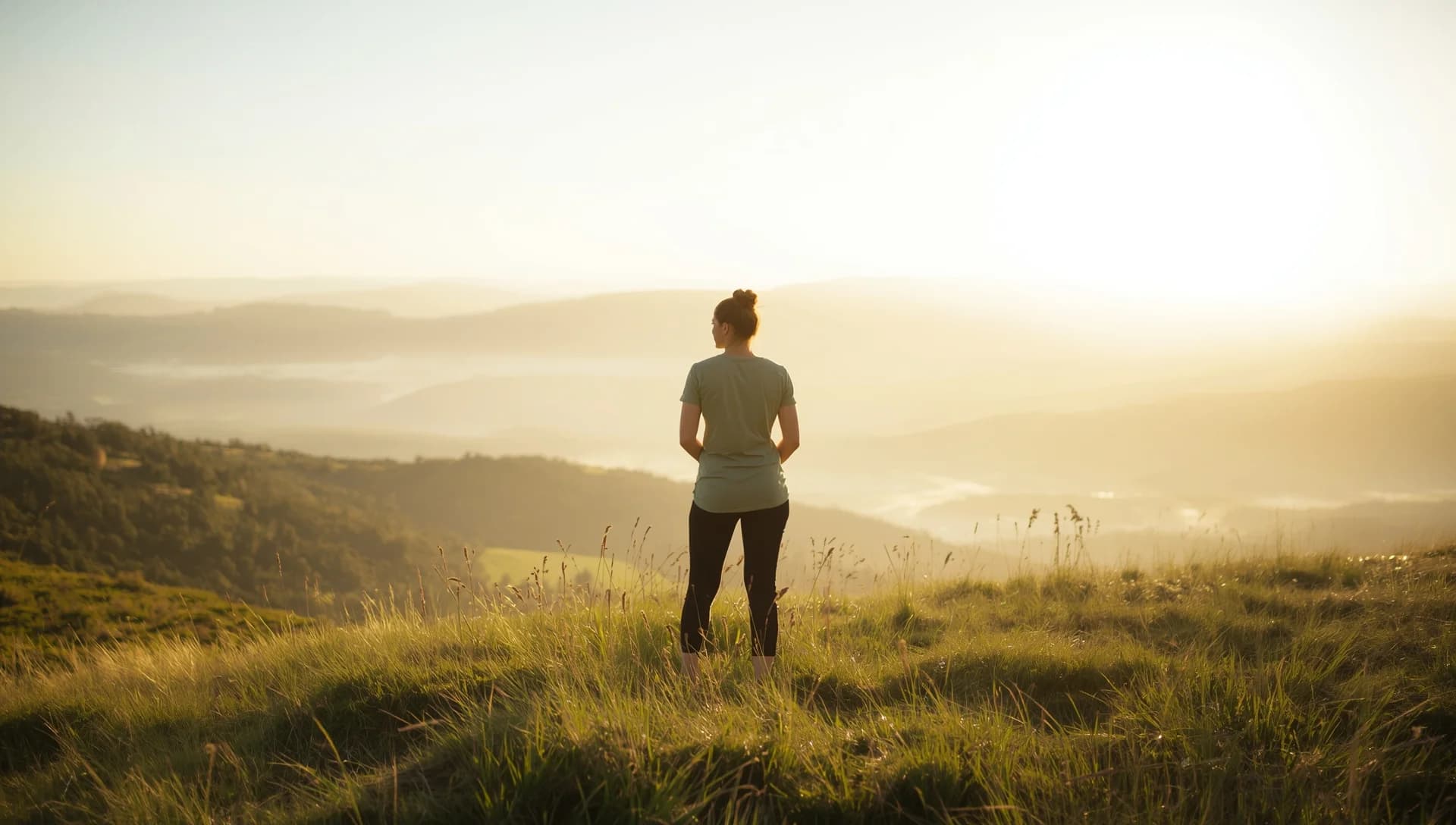 Person standing tall, looking toward a bright horizon with quiet confidence